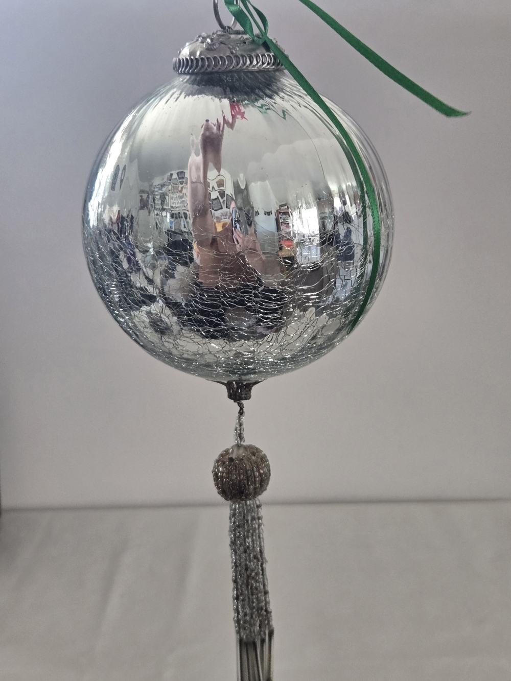 Vintage Silver Kugel Crackle Glass Holiday Ornament with Tassel